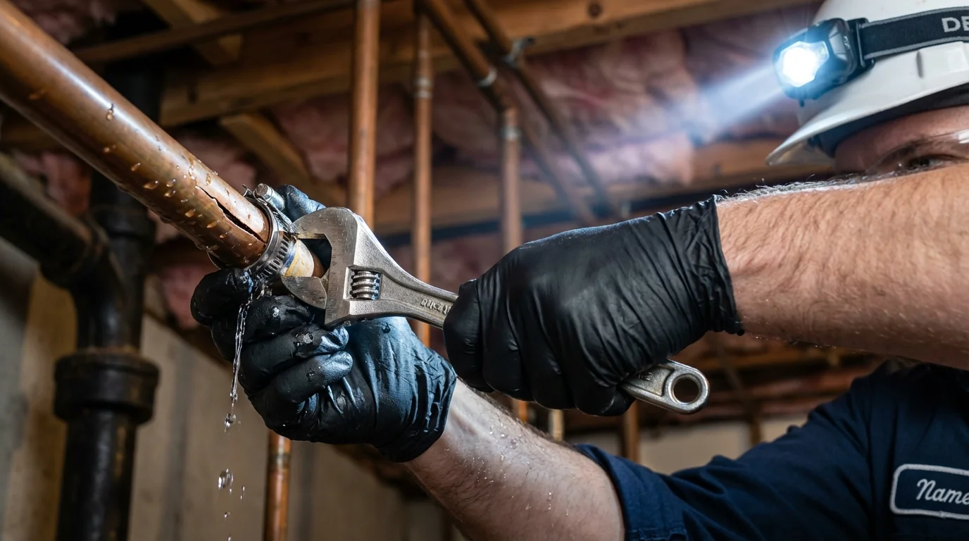 Emergency pipe clamp repair being performed by a Johns Plumbing LLC plumber in Dublin