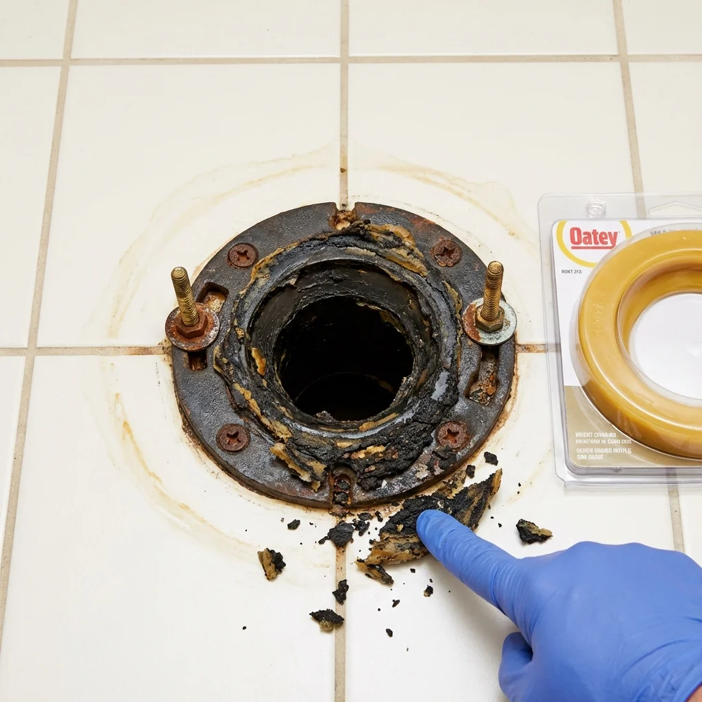 Failed wax ring showing water seepage at the base of a toilet in a Dublin, PA home