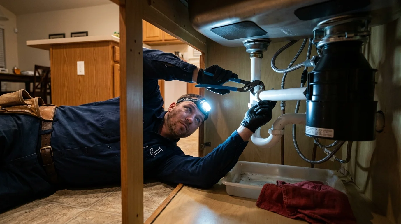 P-trap and supply line connections under a kitchen sink showing a common leak point in Dublin, PA